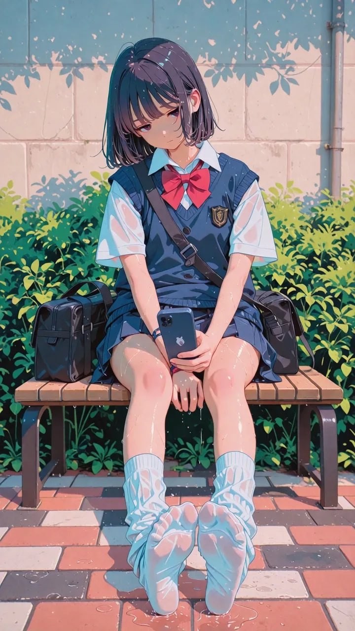 Une fille aux cheveux noirs vêtue d'un uniforme scolaire japonais est assise sur un banc à l'extérieur, regardant son smartphone. Les couleurs fraîches et lumineuses, les gouttes d'eau humides et la délicate lumière d'un après-midi d'été sont représentées de manière vive.