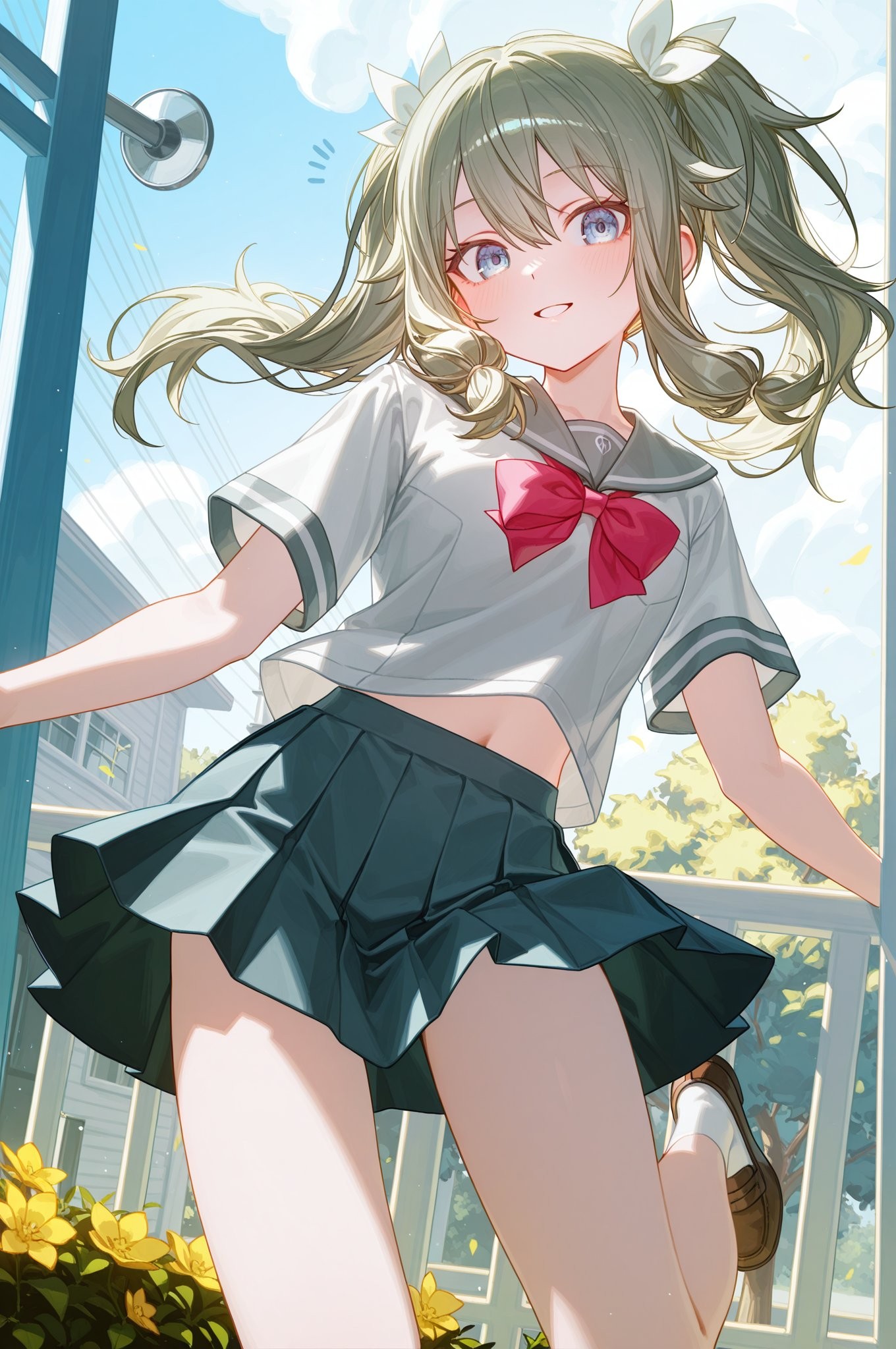 A girl with golden twin tails wears a sailor outfit with a red bow and dark pleated skirt, holding a pole while displaying a jumping moment