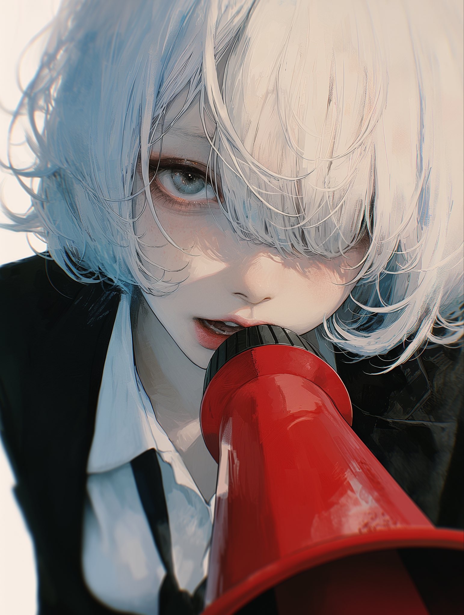 A silver-haired boy is biting a red megaphone