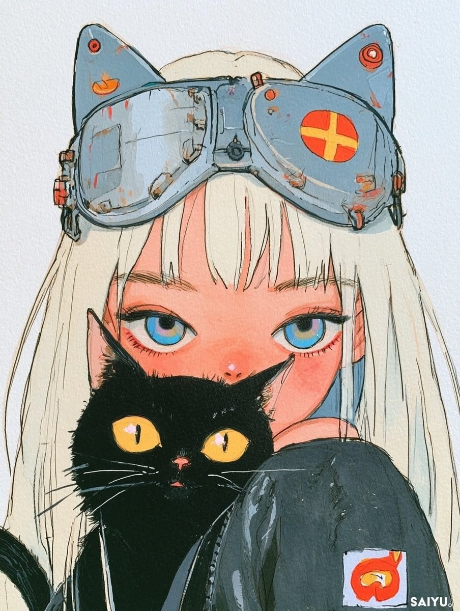 A girl wearing cat ear goggles is holding a black cat