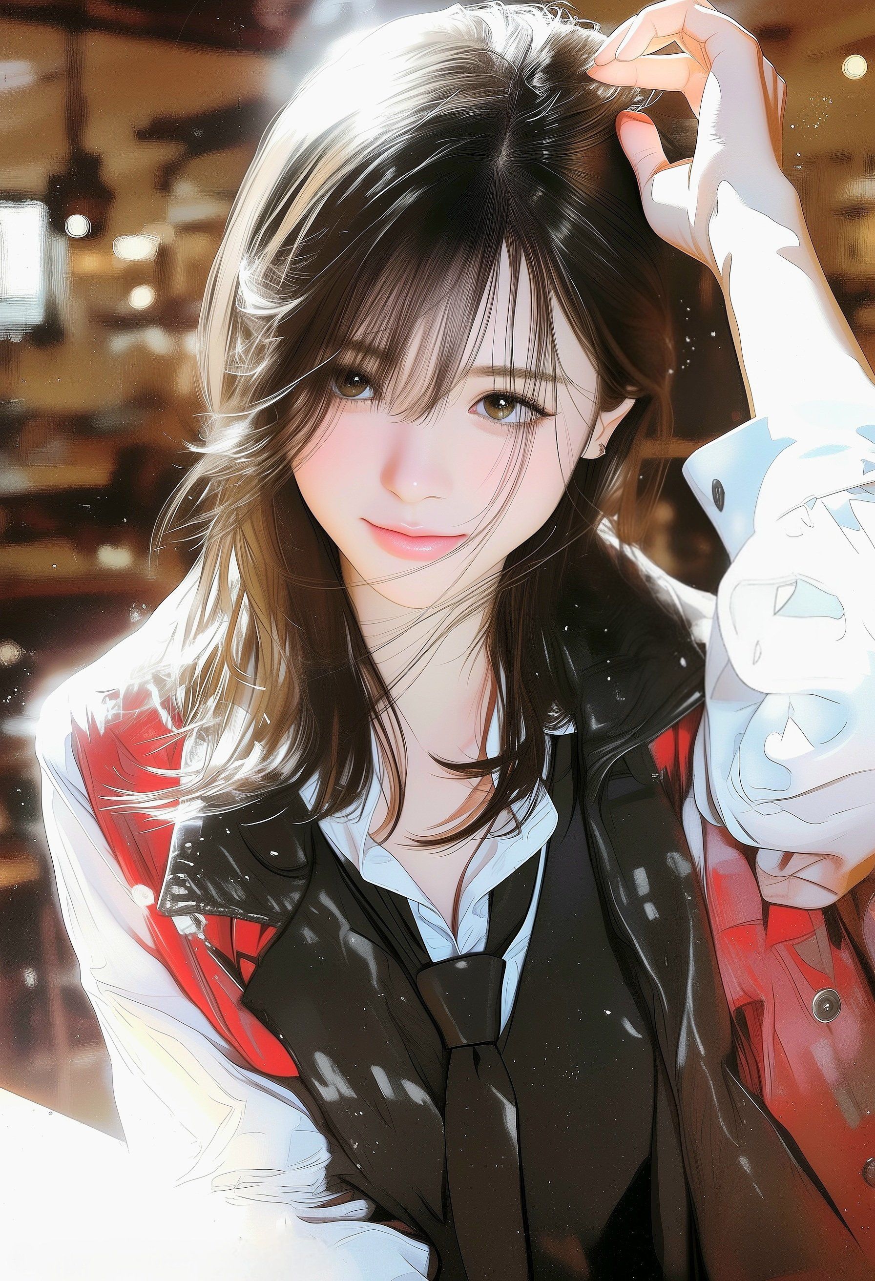 A girl with brown hair wearing a white shirt and black tie, draped in a red jacket with a night street background