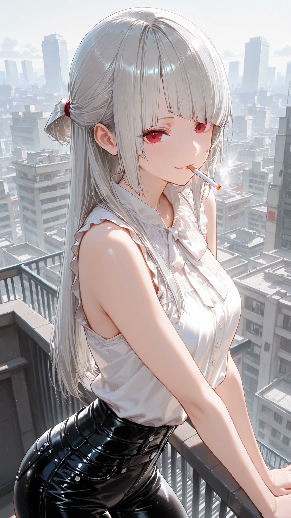 A young woman with long silver-white hair and crimson eyes wearing a sleeveless white blouse and black leather pants leans against a high-rise balcony