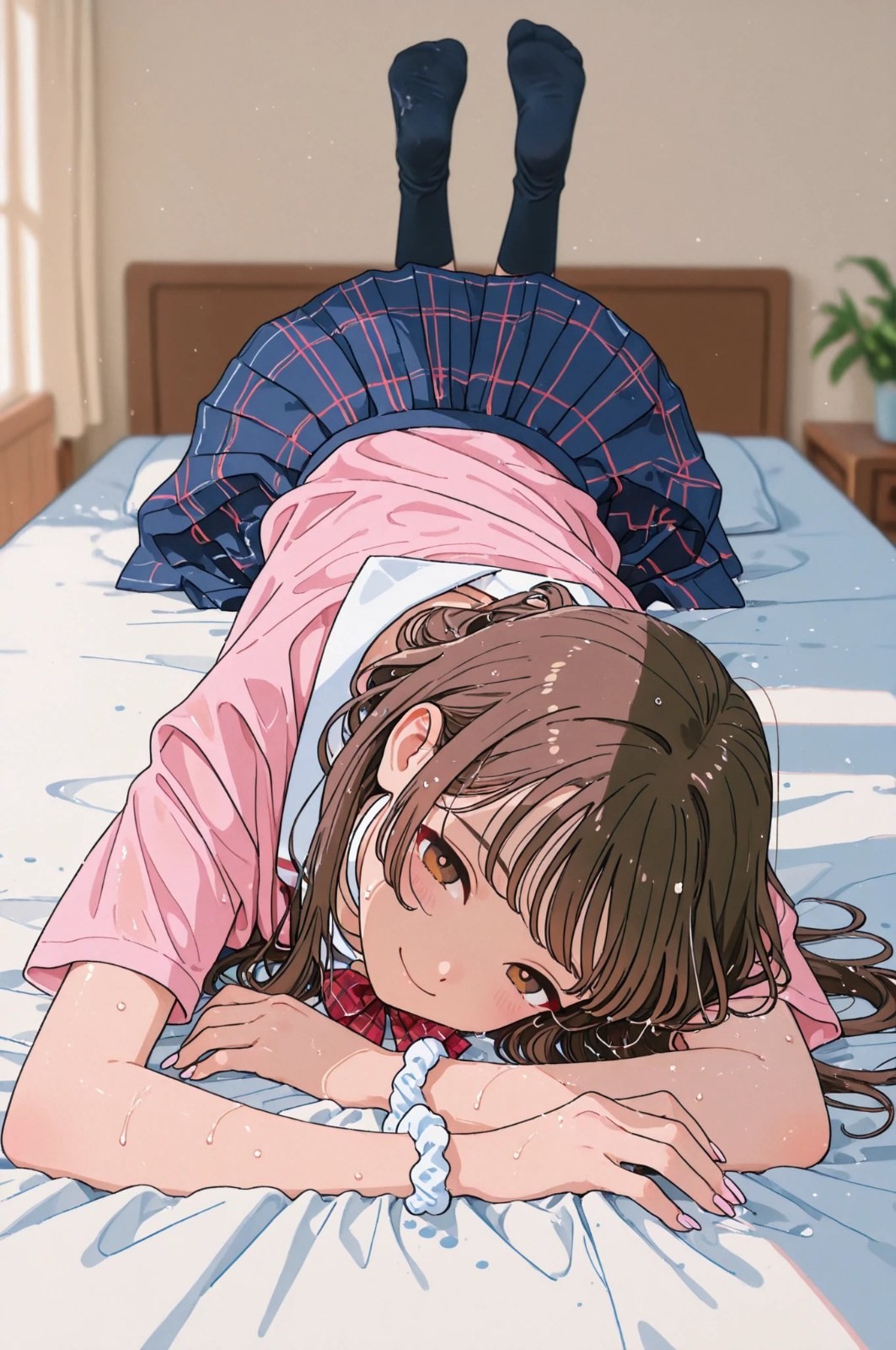 Ein Mädchen in einem rosa kurzärmligen Schuluniformoberteil und dunkelblauem kariertem Faltenrock liegt auf dem Bett, schaut mit leicht geröteten Wangen in die Kamera, im hellen japanischen Anime-Stil.