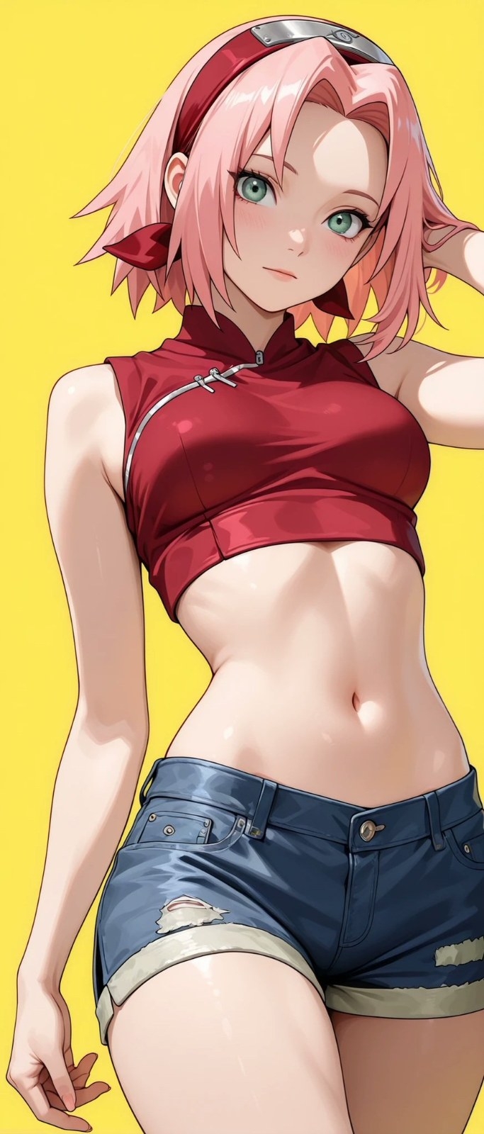 A female character with pink short hair wearing a red top and ripped shorts