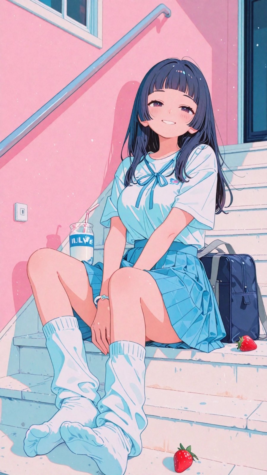 Anime-Mädchen sitzt auf einer Außentreppe, trägt ein blaues T-Shirt und Rock mit weißen Kniestrümpfen, mit Milchgetränk und Tasche neben ihr und zwei Erdbeeren in der Nähe.