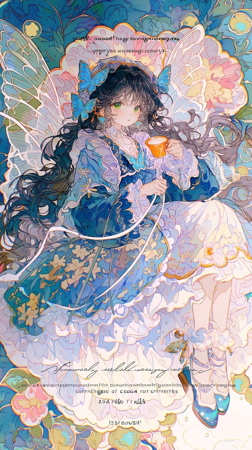 Anime détaillé d'une fille flottant dans un environnement coloré et abstrait.