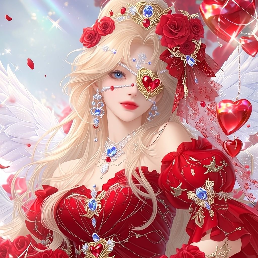 Eine blonde Göttin in einem atemberaubenden roten Kleid mit Rubin, Rosen und Engelsflügel-Augenmaske, zeigt einen süßen und coolen Stil, der einer himmlischen Bestie ähnelt.