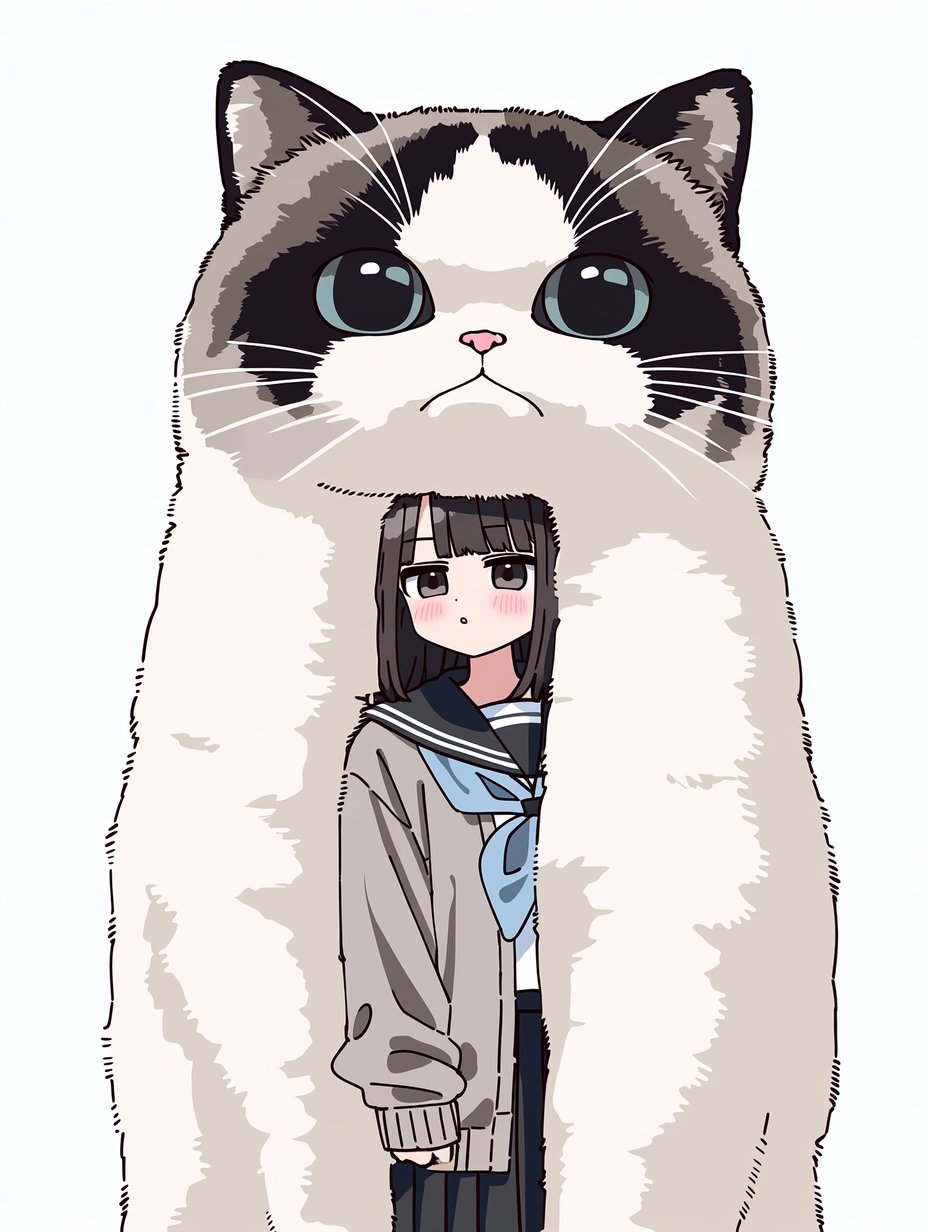 A girl in a sailor suit is with a giant cat