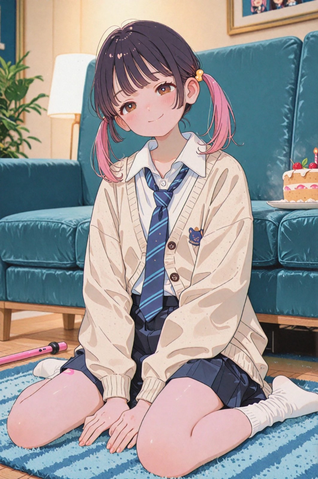 Une fille aux doubles couettes roses est assise comme un canard sur un tapis bleu et blanc, portant une chemise blanche, une cravate à rayures bleues, un cardigan beige, une jupe plissée foncée, des chaussettes blanches jusqu'aux genoux, regardant avec une légère inclinaison de la tête. L'arrière-plan présente un salon aux tons chauds avec un gâteau aux fraises sur un canapé bleu-vert, une lampe sur pied et une plante en pot, offrant une illustration de style anime doux et frais.
