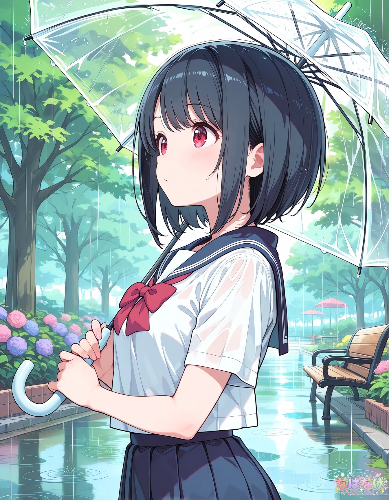 Short black bob with straight bangs in a Japanese school uniform holding a transparent umbrella