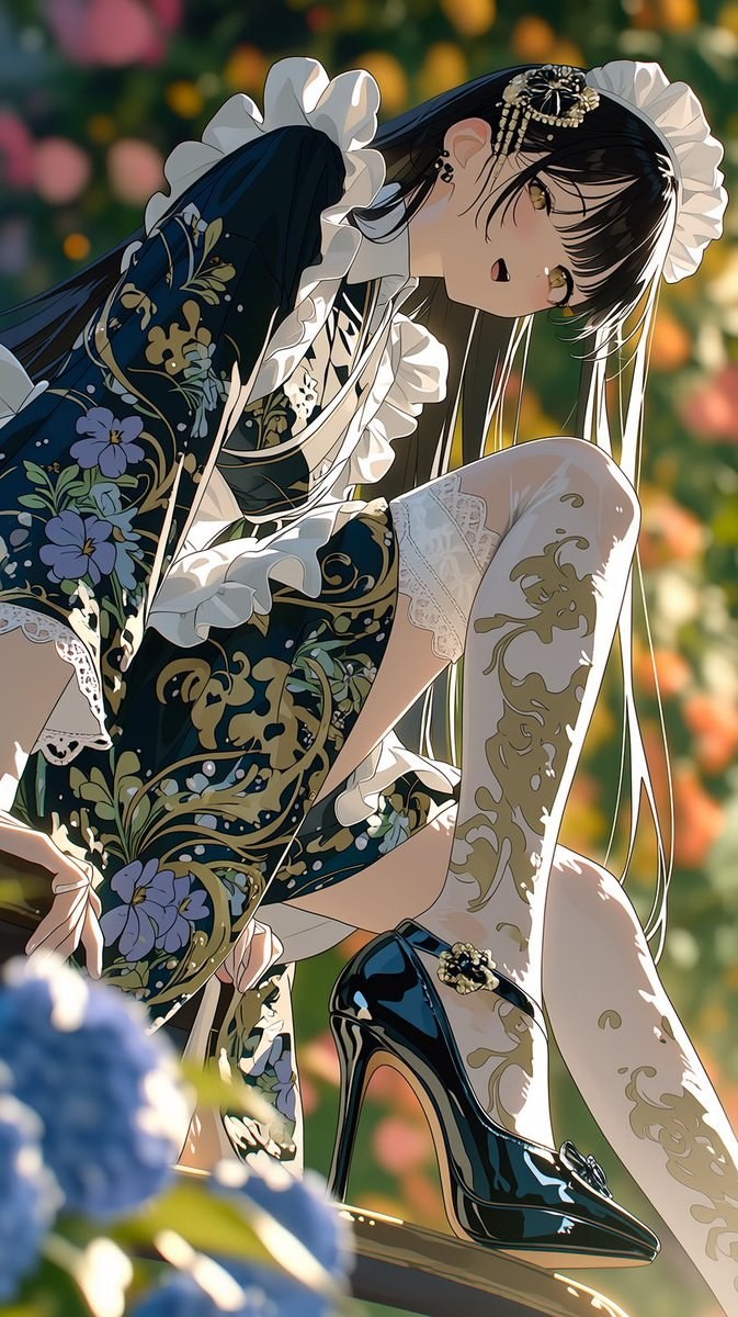 A black-haired female character in dark blue maid outfit with white lace, gold-purp...rose decorations, wearing white maid headdress, over-the-knee white stockings with gold patterns, black patent leather high heels, presenting a delicate Japanese anime illustration style.