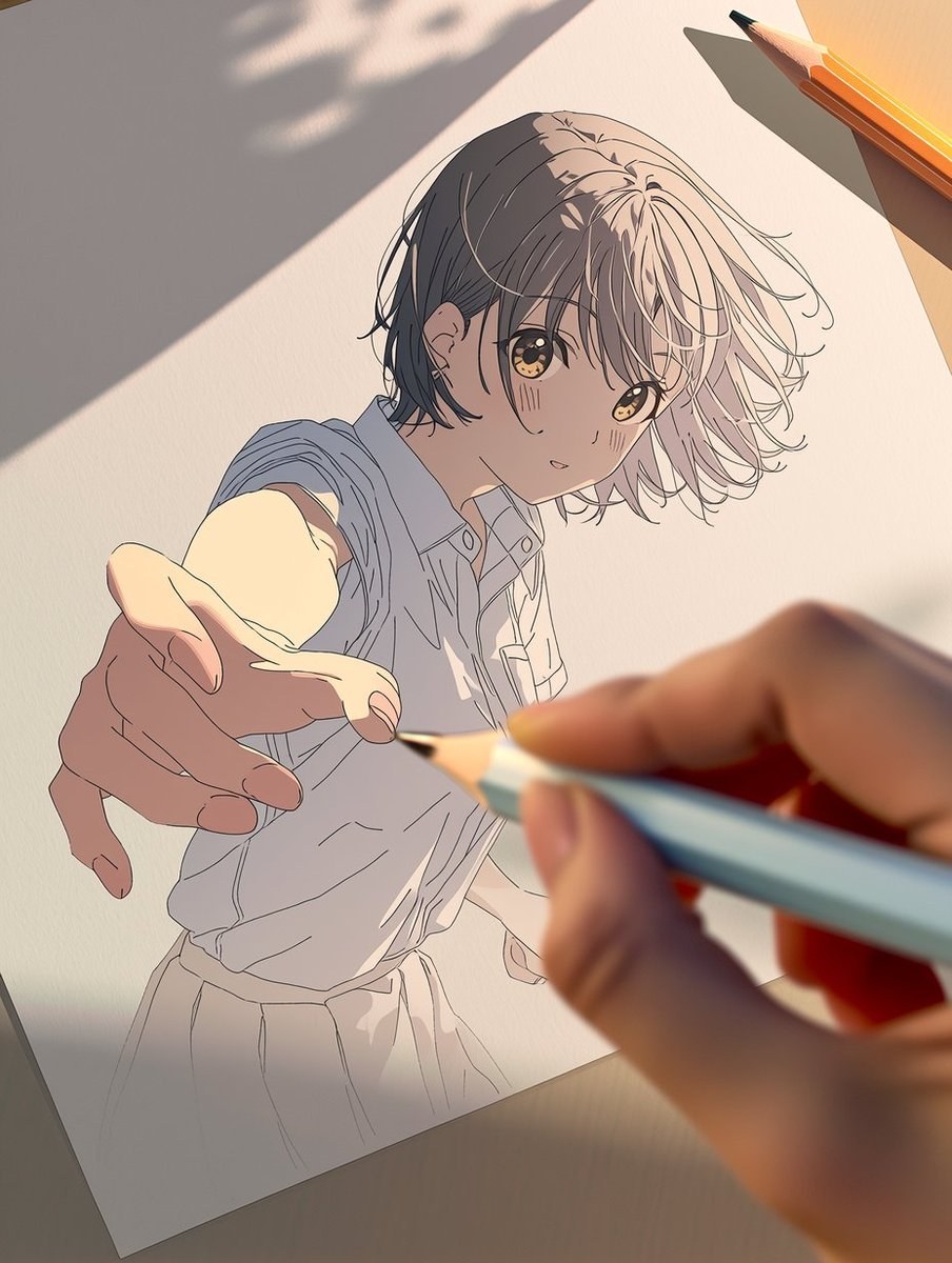 Eine Illustration eines Mädchens mit kurzen Haaren, dessen Hand einen Bleistift hält und die Zeichnung koloriert