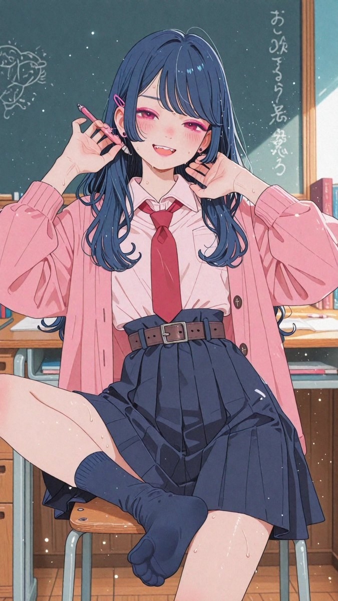 파란 머리 소녀가 교실에서 분홍색 셔츠와 빨간 넥타이를 입고 있다