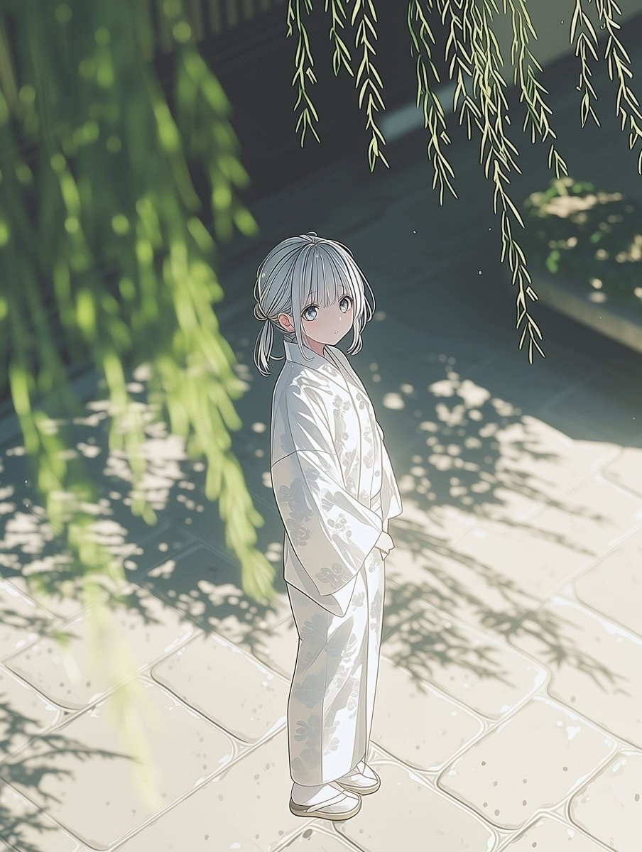 Uma menina de cabelo prateado veste um quimono branco