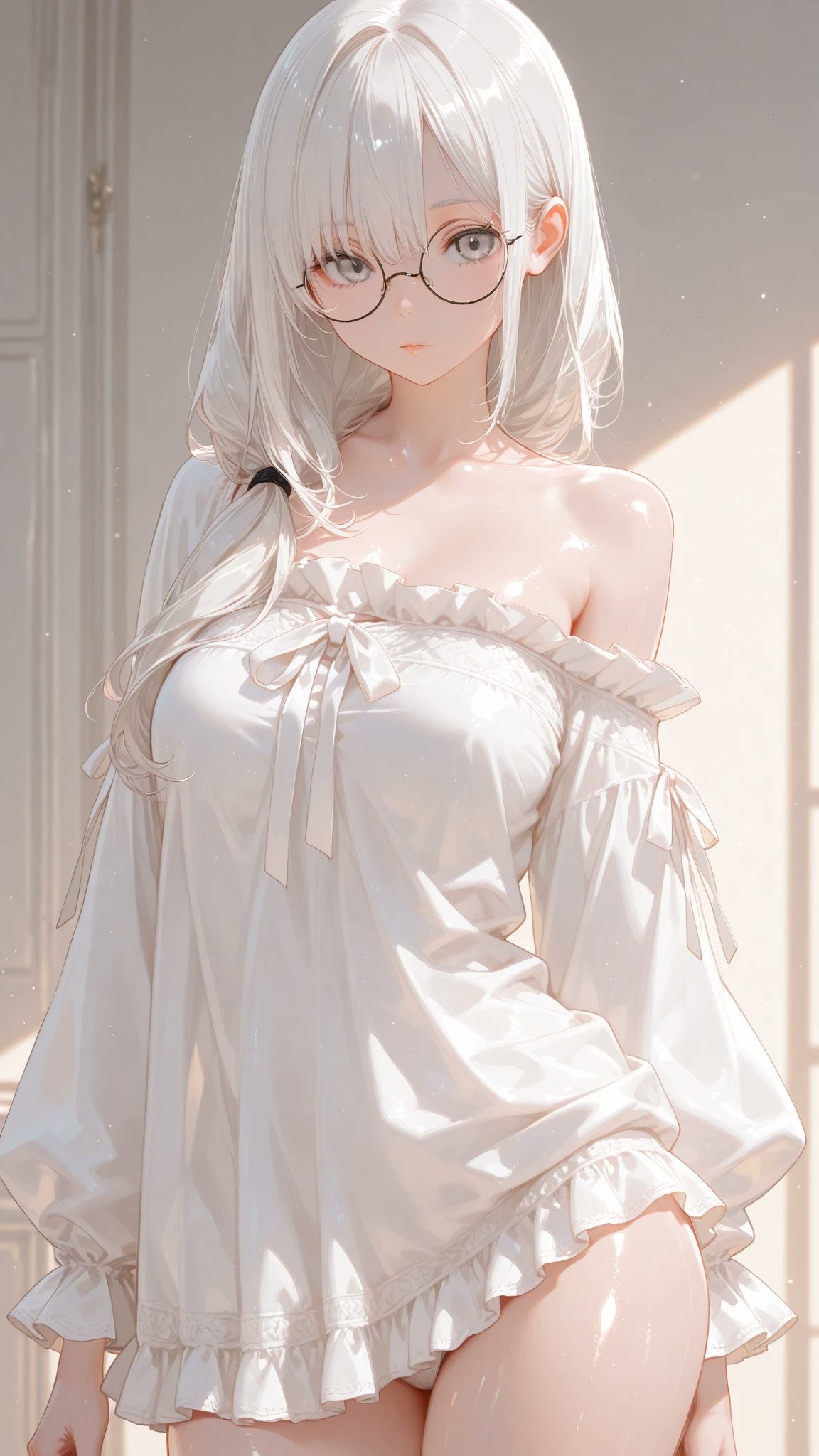 A young anime girl with long silvery-white hair and glasses wearing an off-shoulder satin dress