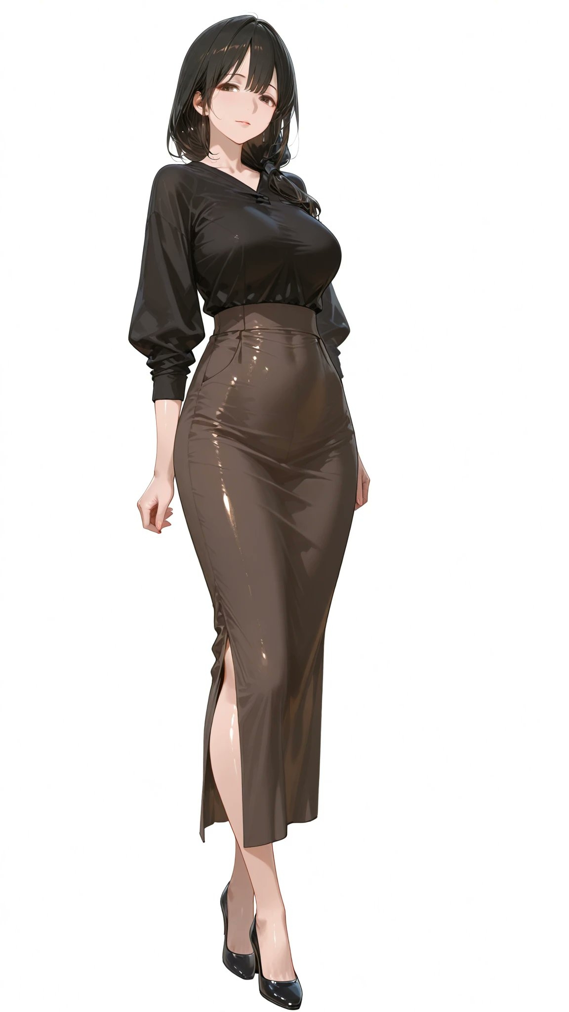 Mature anime woman with shoulder-length black hair in a satin blouse and high-waisted leather skirt