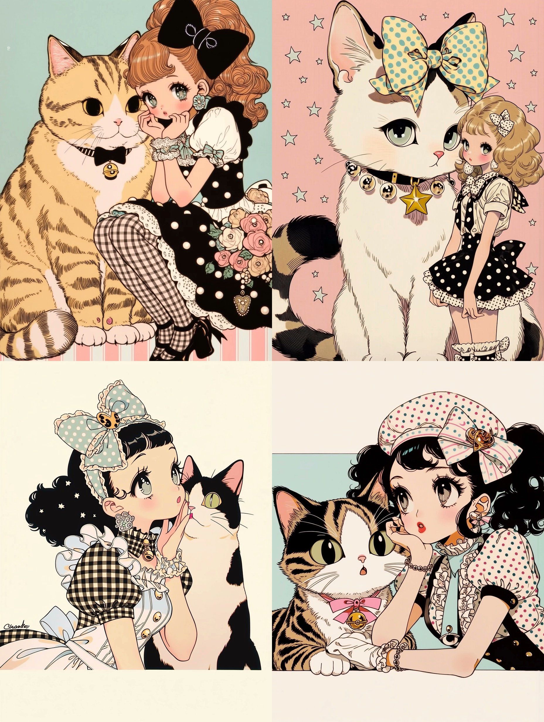 Le manga rétro montre des interactions douces entre filles et chats