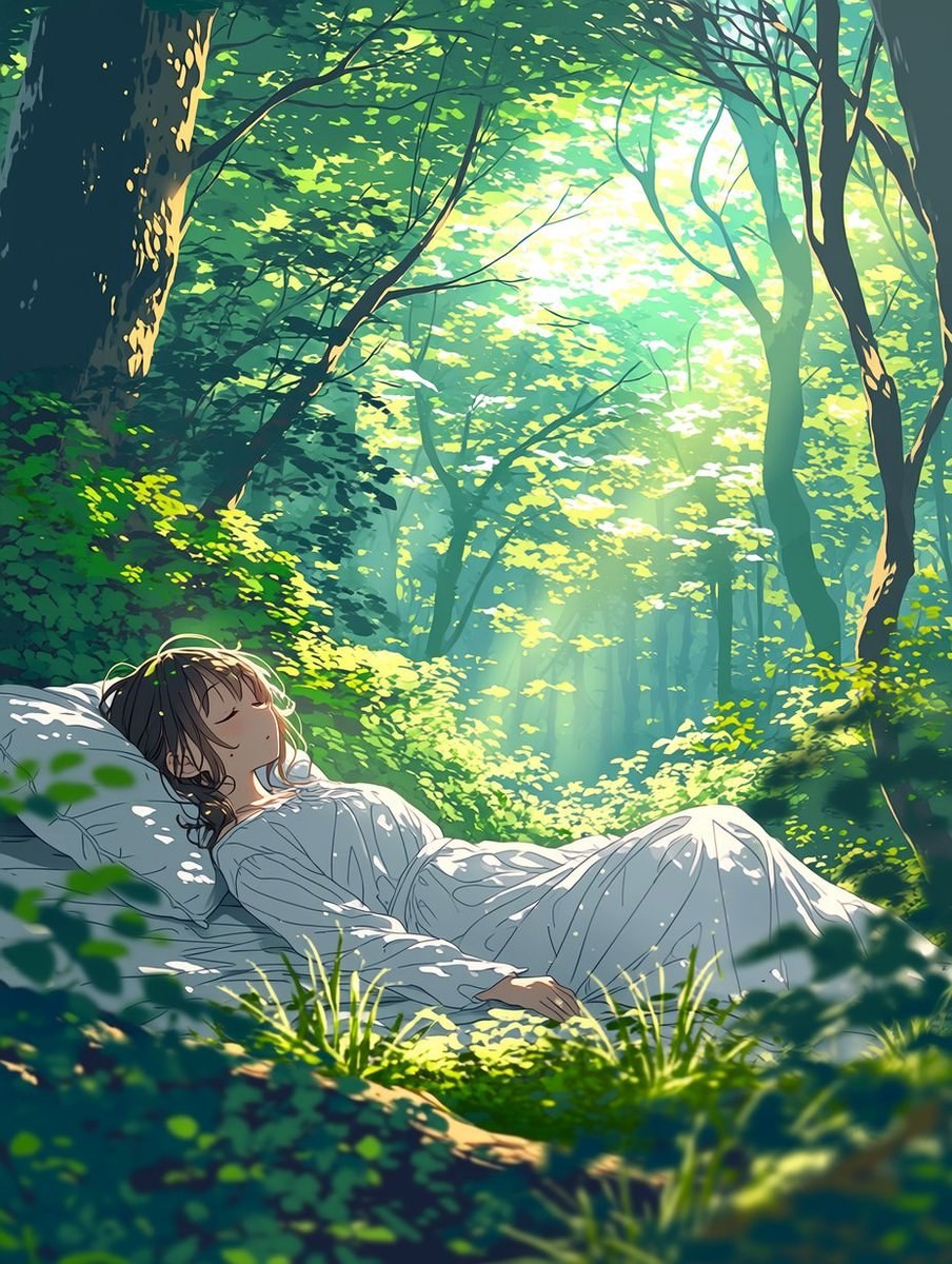 A woman in a white long dress is sleeping on the grassy forest floor
