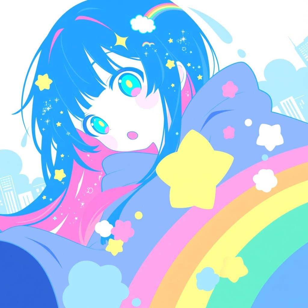 Uma garota de anime com cabelo azul vestindo um suéter azul cercado por padrões de arco-íris e nuvens