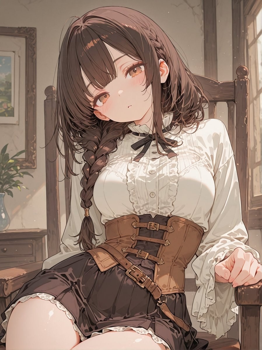 一名少女穿著白色襯衫和深色短裙，坐在椅子上