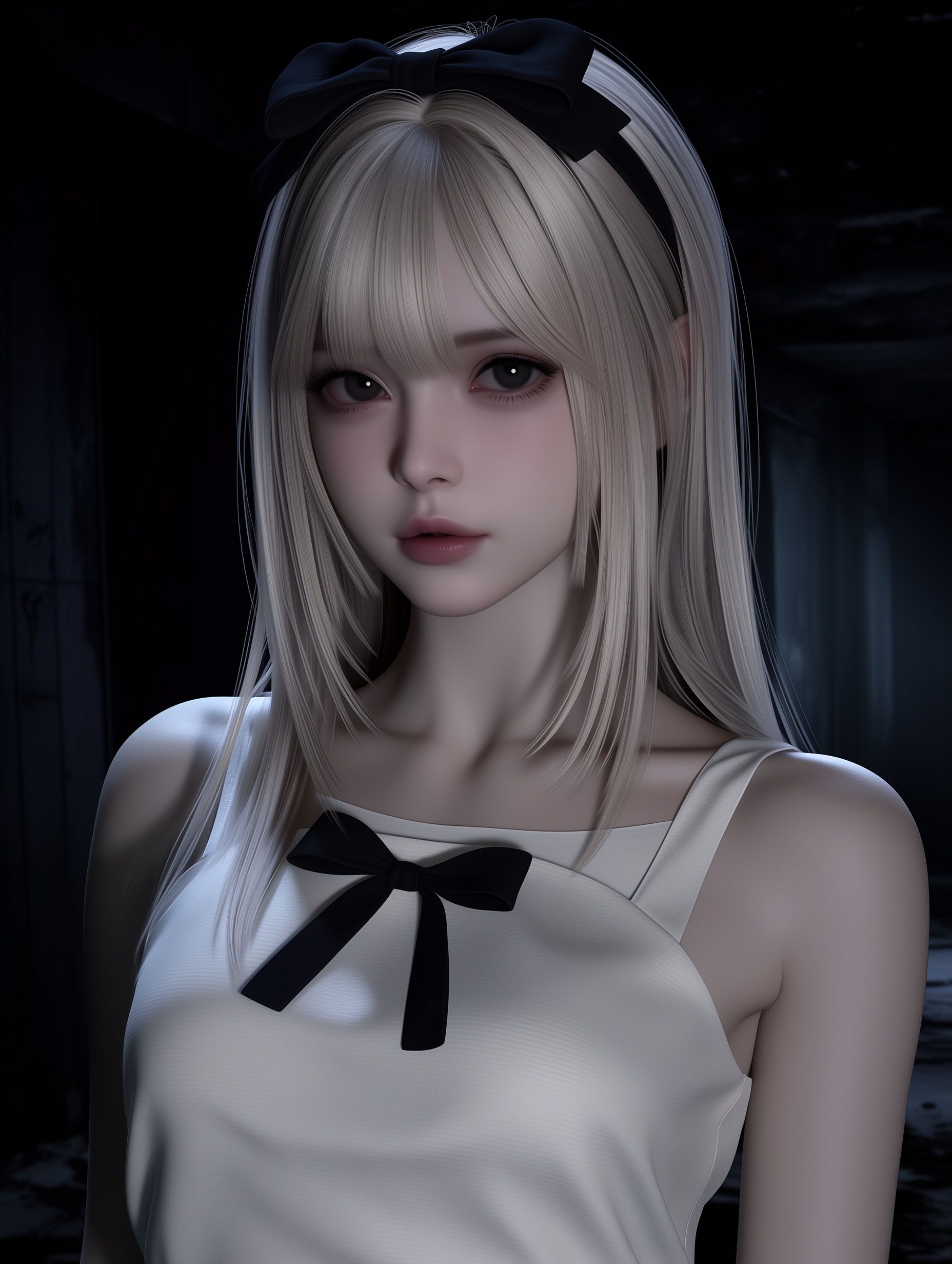 Horror 3D-Spiel mit einem 17-jährigen Mädchen mit platinblonden Haaren, dunkelblau/grauen Augen, das ein einfaches weißes Kleid mit schwarzer Schleife trägt, spielt an einem verlassenen Ort und verbreitet eine Niji 7-Stimmung