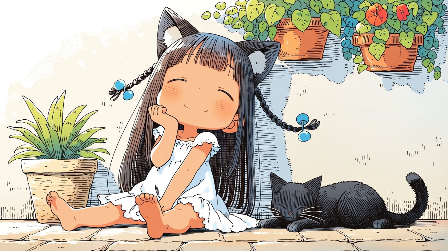A girl with braided hair in a white dress sits barefoot on stone, while a sleeping black cat is beside her