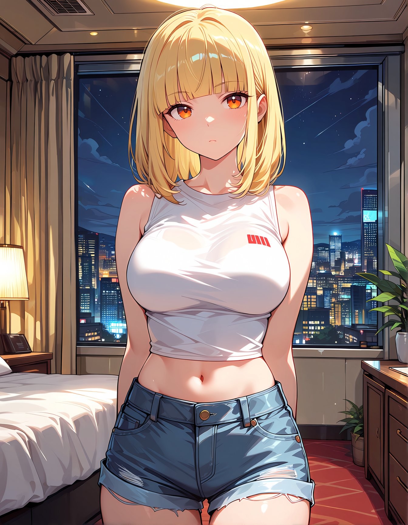 A young anime woman with short blonde hair in a white sleeveless crop top and high-waisted denim shorts in an upscale hotel room