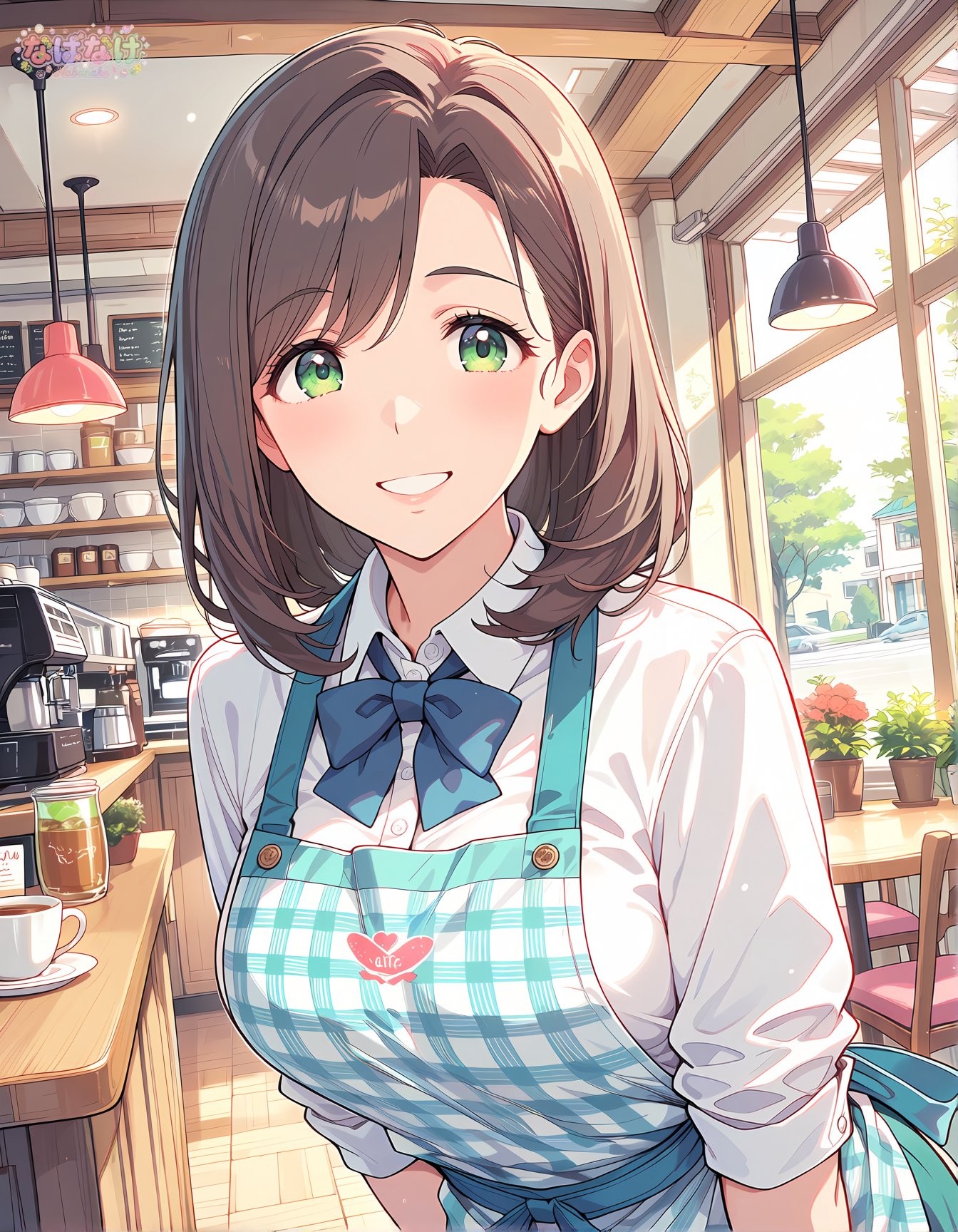 A warm cafe girl welcomes customers
