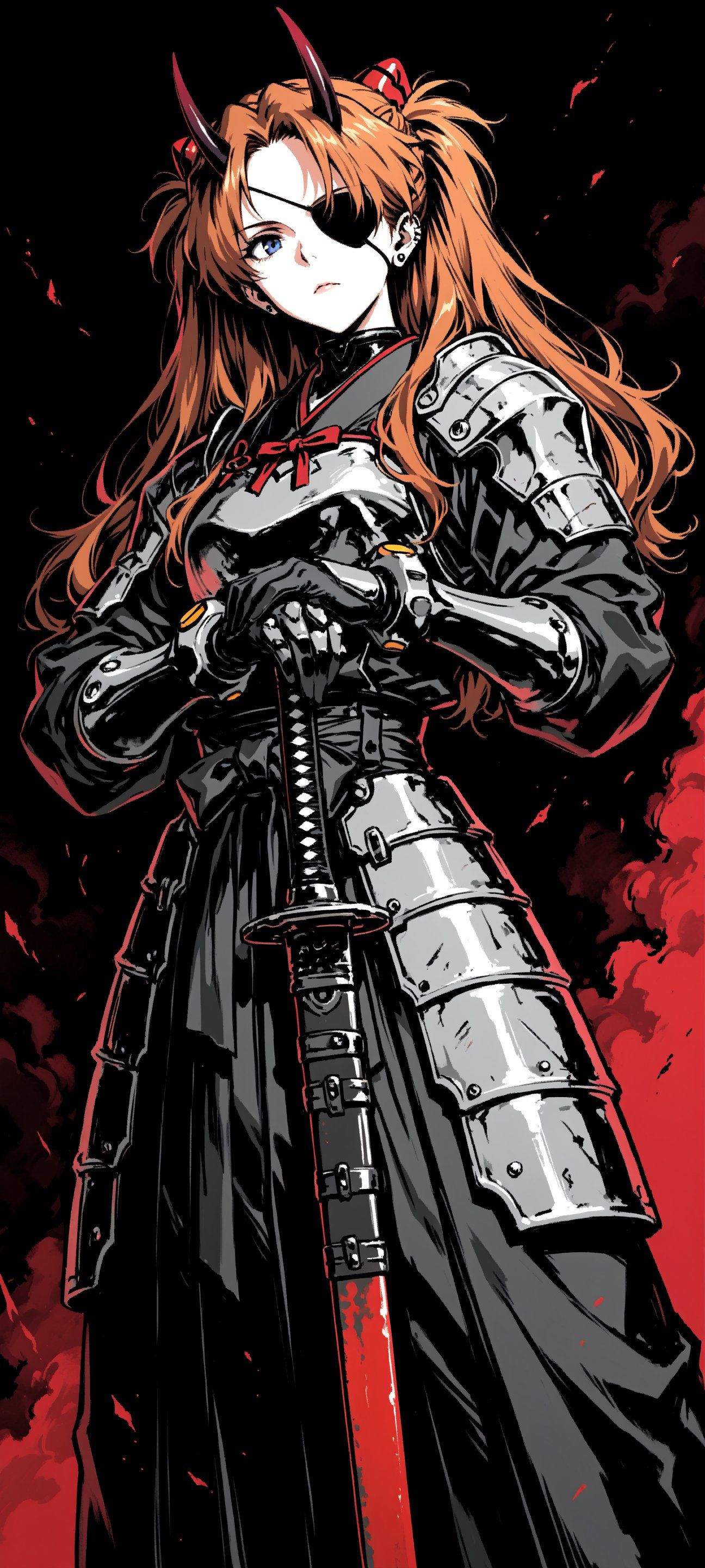 Femme aux couettes rouge orange, masque noir, armure argent noir et kimono tenant un katana rouge noir debout
