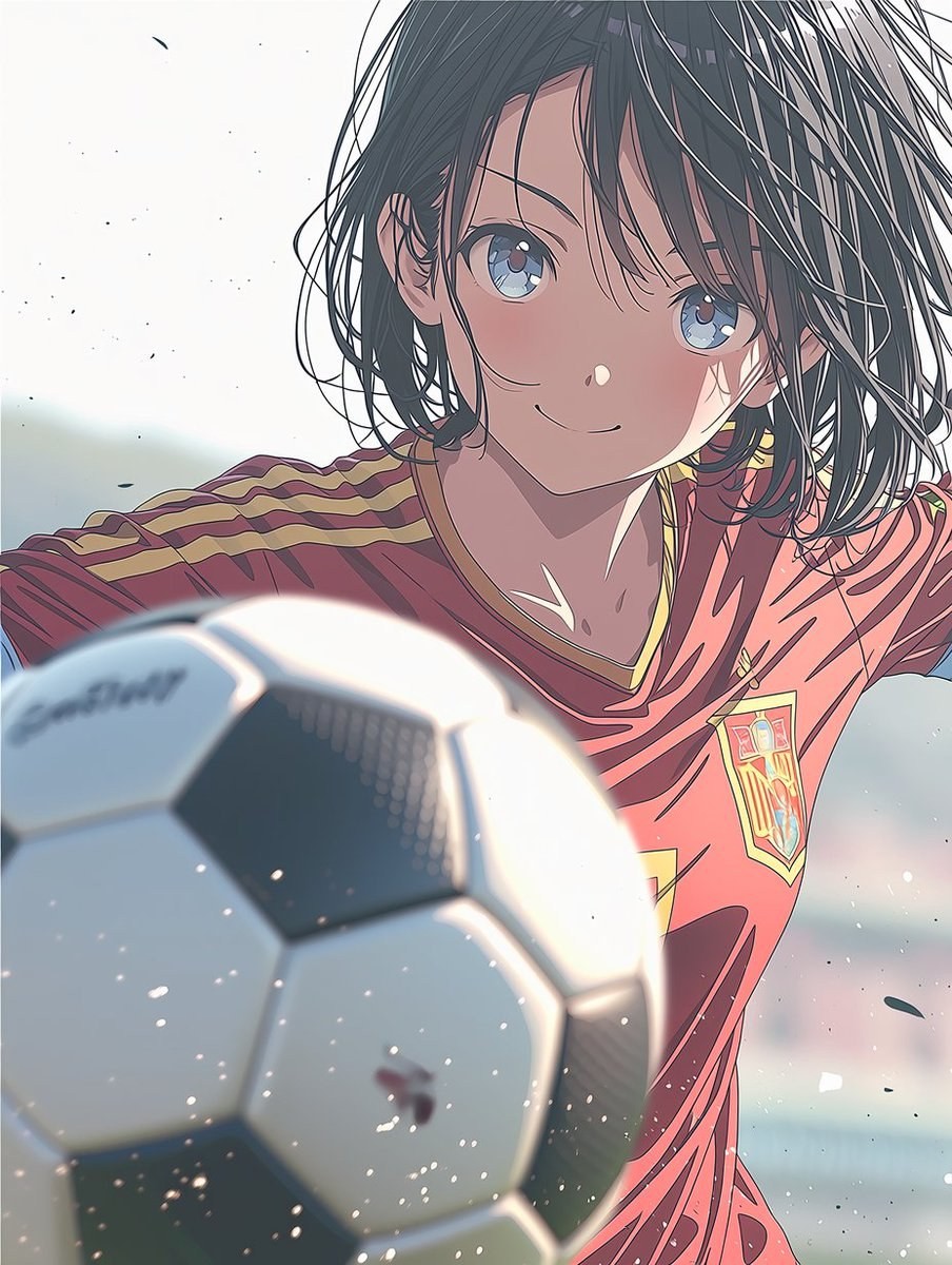 Une fille anime aux cheveux noirs porte un uniforme de football d'Espagne