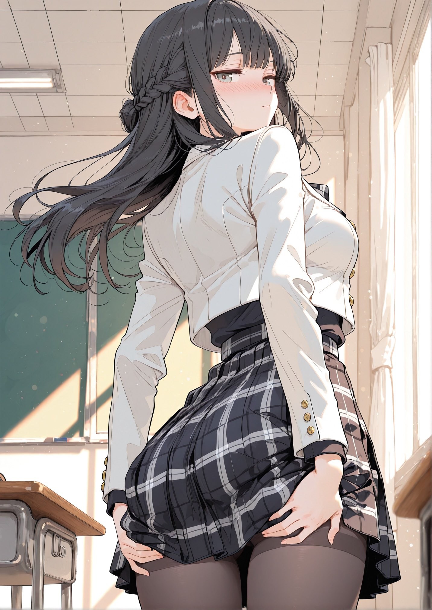 Long hair in twin ponytails, pajamas with a cardigan and shorts, reading books in bed at night