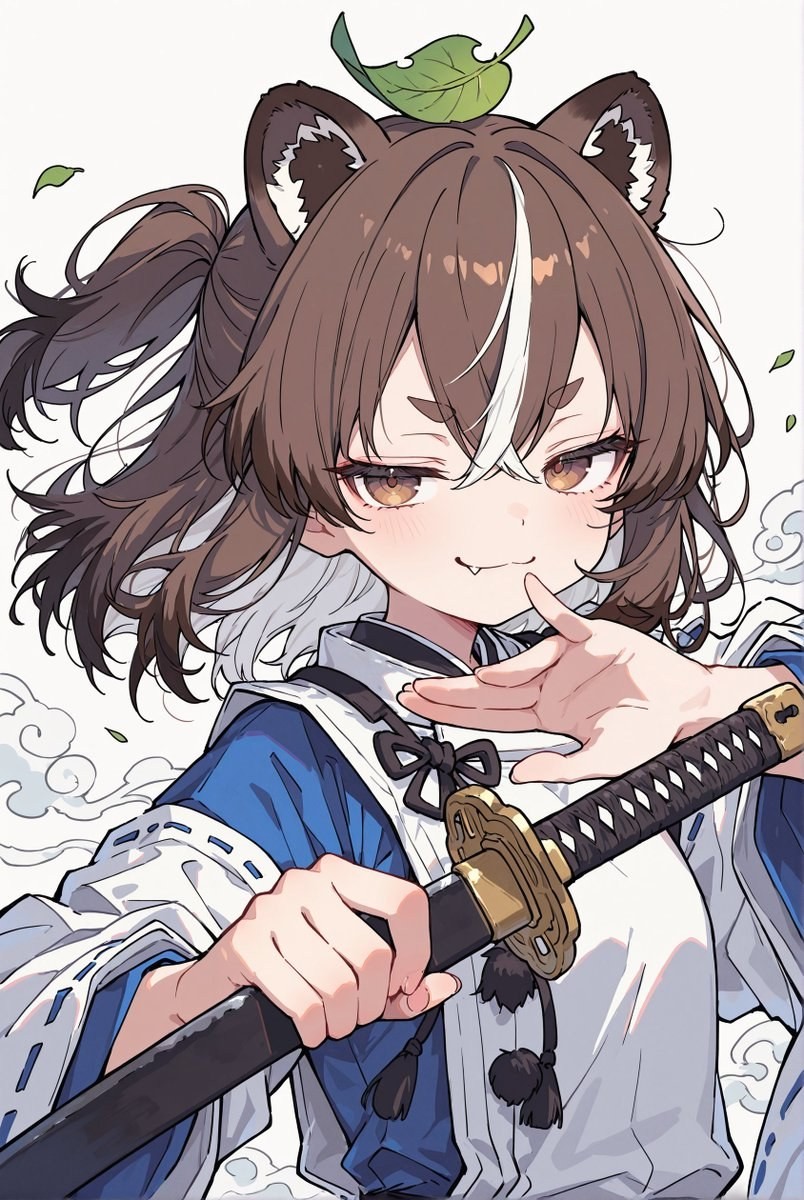 Fille d'anime avec des oreilles d'animaux tenant un katana dans des vêtements traditionnels