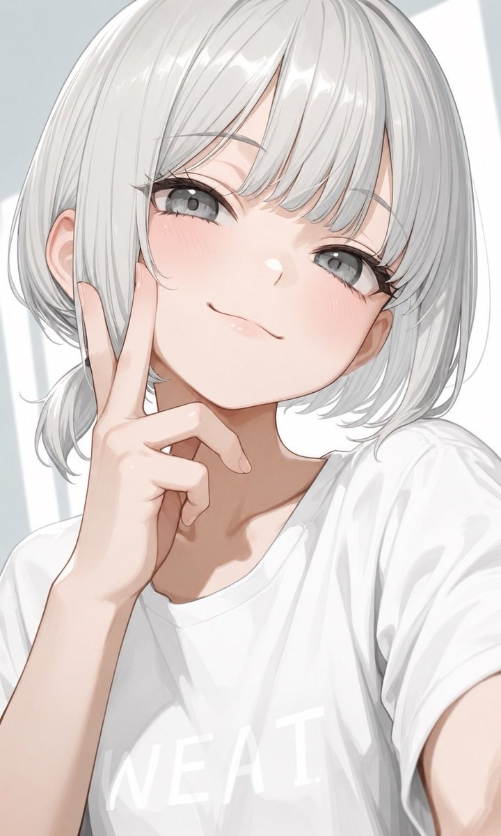 A silver-haired girl smiles while wearing a white T-shirt and touching her cheek