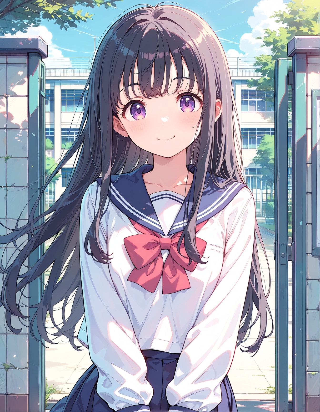 The long dark-haired girl with violet eyes stands in a white sailor uniform at the school gate