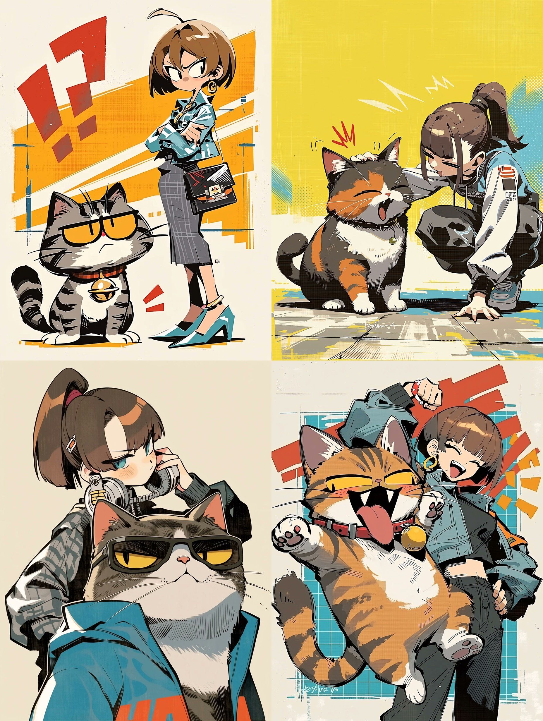 Four urban girls and four adorable cats showcase vitality and rebellion against a street graffiti-style background