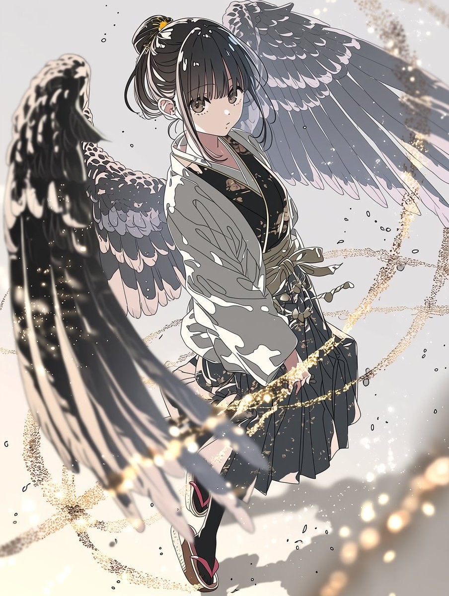 Une fille d'anime aux cheveux noirs porte un manteau gris et des vêtements noirs, avec des ailes noires et grises