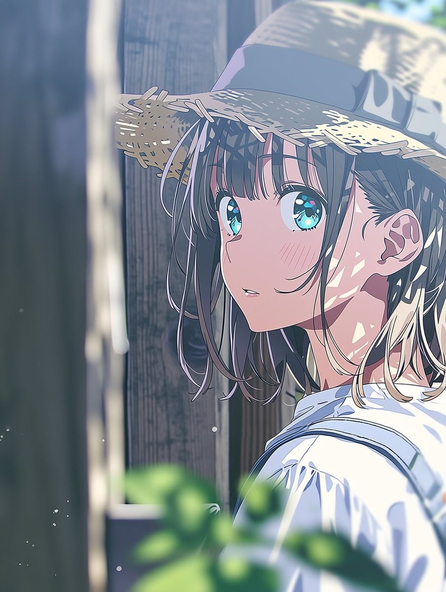A girl in a white sailor collar top wearing a straw hat looks back into the distance