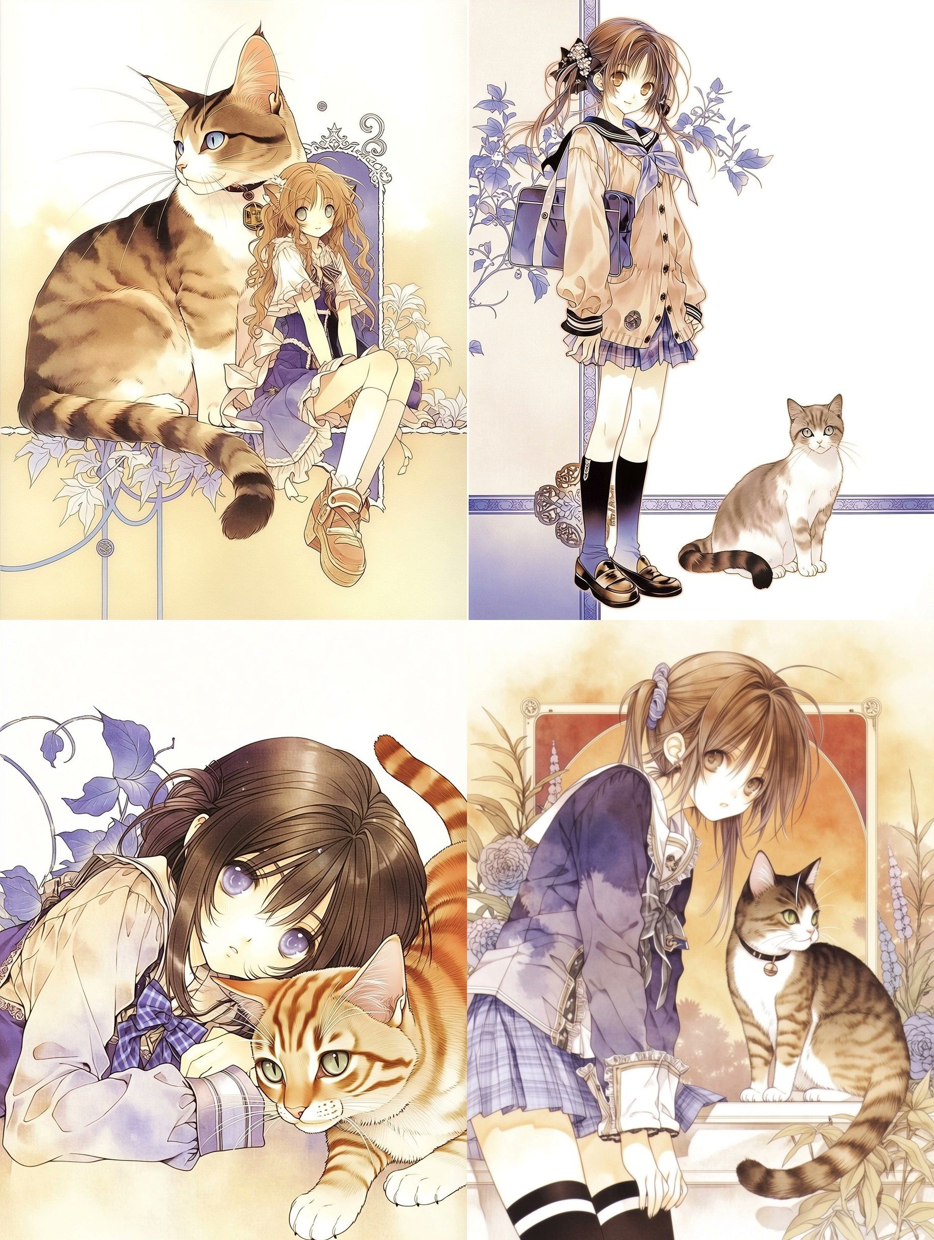 Girls and cats depicted in watercolor style of shoujo manga