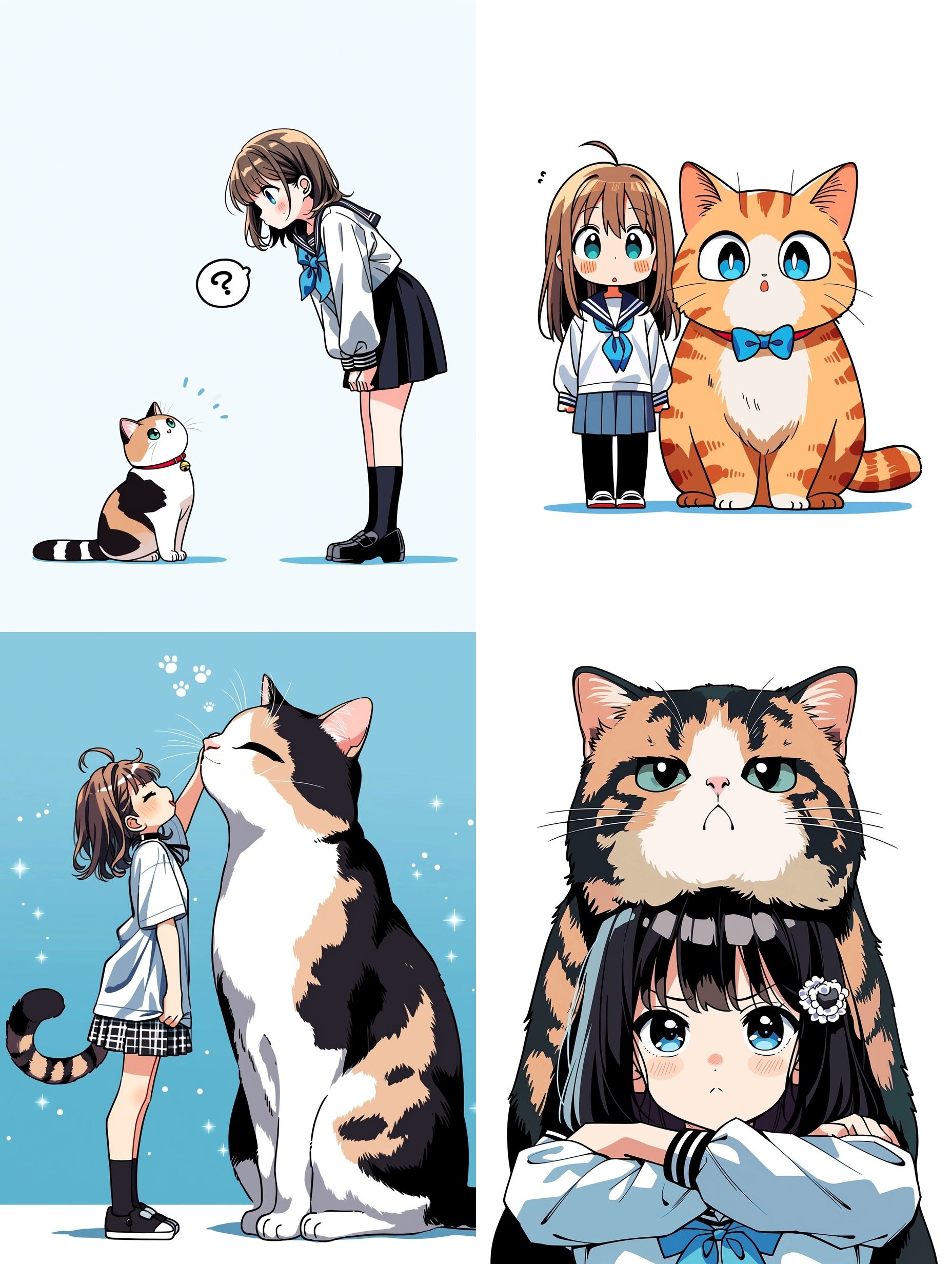 Une bande dessinée en quatre cases dépeignant l'interaction entre des filles en uniforme de marin et des chats