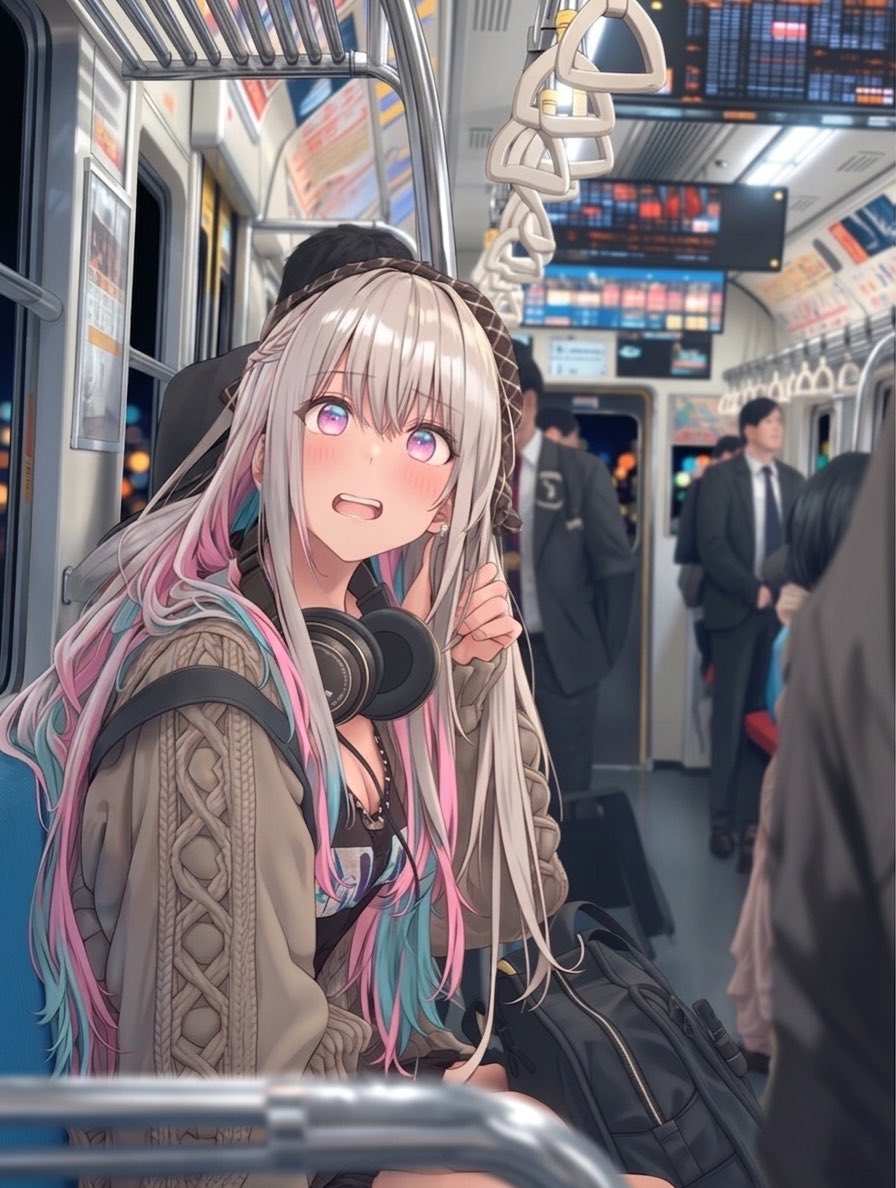 A silver-haired girl dyes her wavy hair on a night train