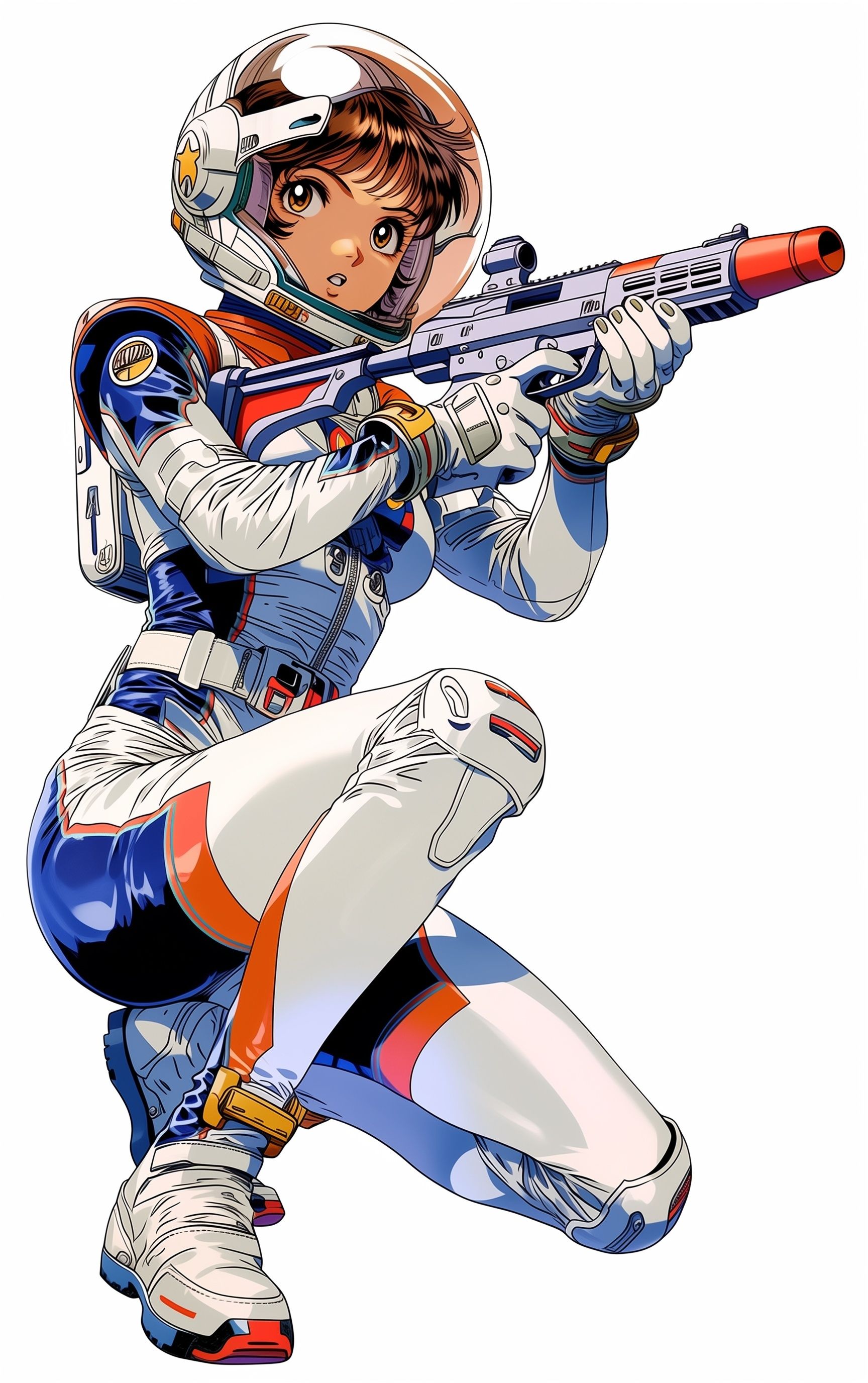 Vollfarb-Illustration einer weiblichen Heldin in einem hautengen Raumanzug, der ein retro-futuristisches Laser Gewehr hält und in einer Action-Pose auf einem Knie steht, wie auf einem Manga-Cover oder Filmplakat, keine Worte