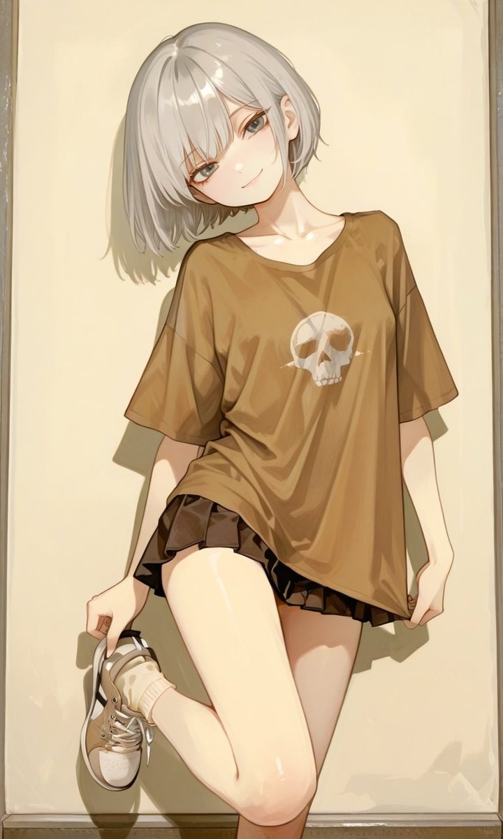 La chica de cabello plateado lleva una camiseta con estampado de calaveras y una falda plisada