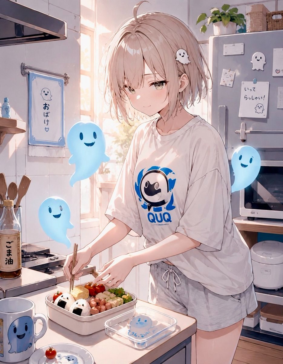 A girl in a sunny kitchen prepares a bento wearing a white T-shirt with blue ghost patterns and light shorts