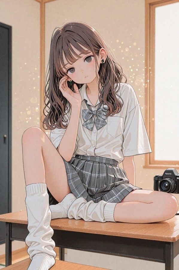 Une fille aux cheveux bruns porte un uniforme scolaire japonais assise à un bureau