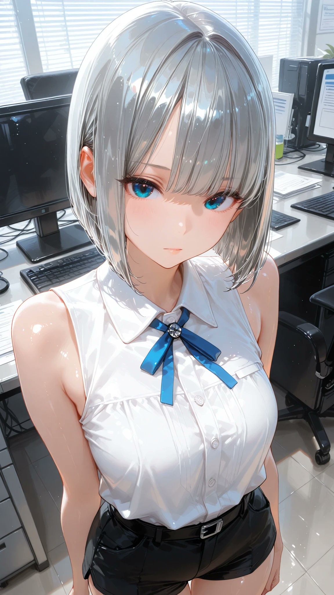 A polished young woman with silver bob and blue ribbon wearing a white blouse and black high-waisted shorts