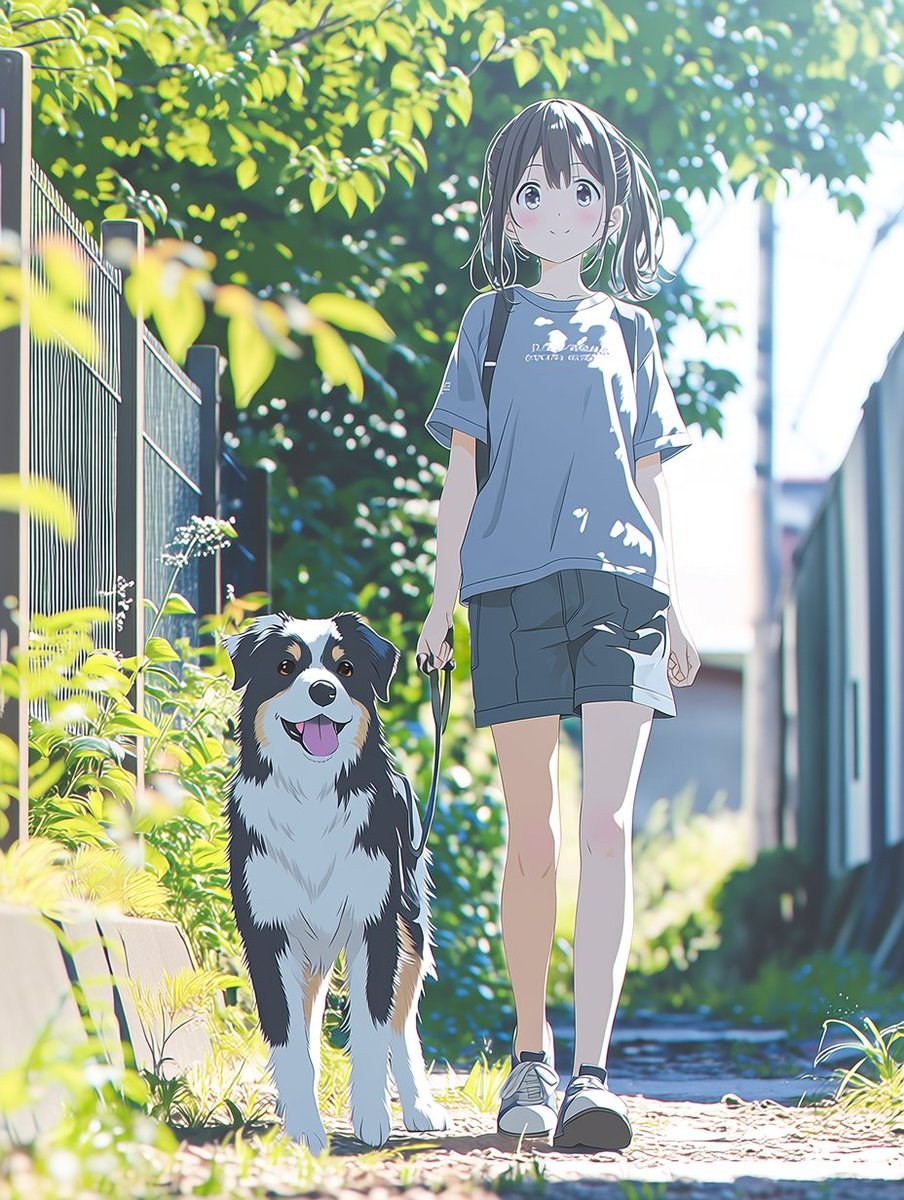A girl walks with a large dog on a summer path
