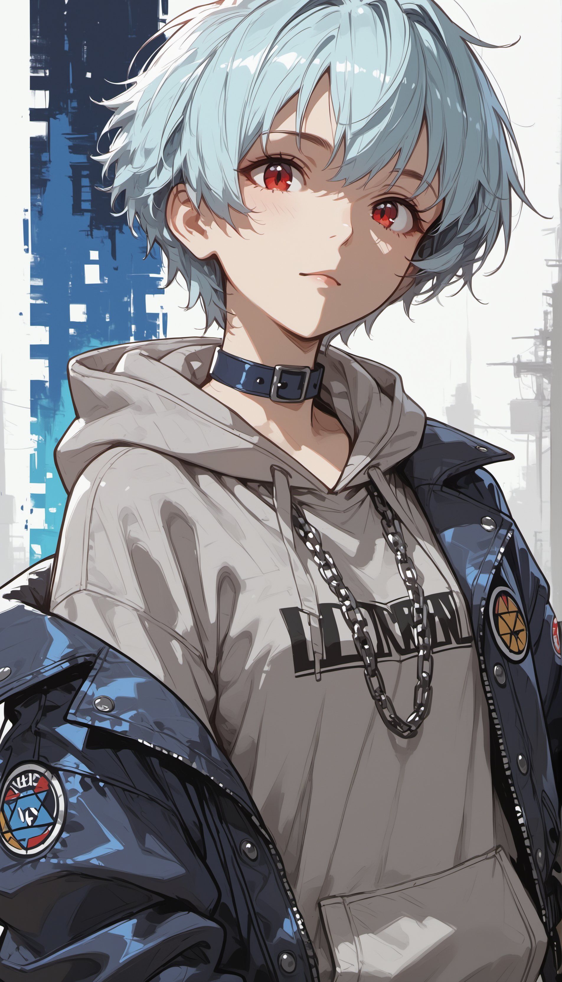 銀藍短髮紅眼女孩穿深藍皮夾克動漫插畫