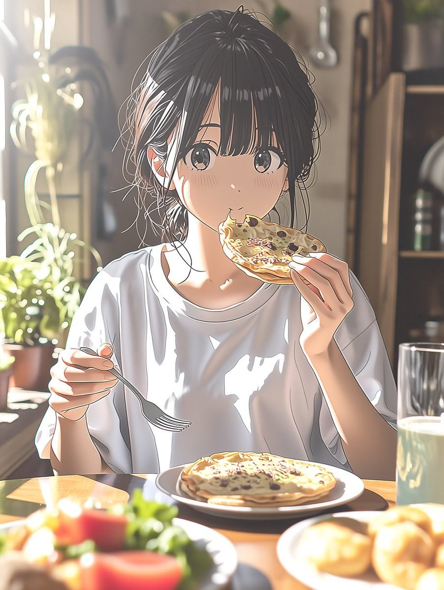 A black-haired girl enjoys a pancake at a sunlit table