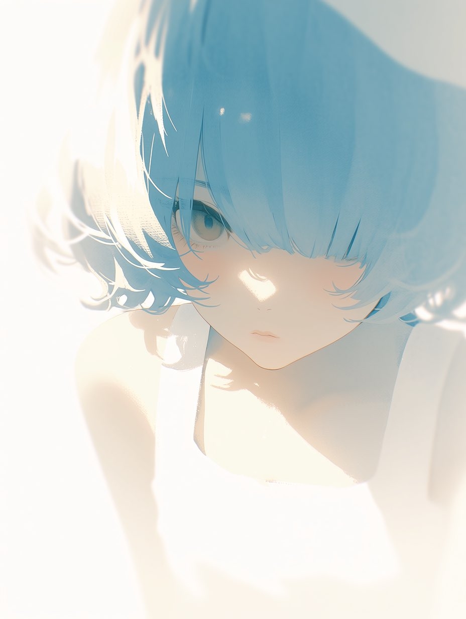 The illustration depicts an anime boy or girl with short light blue hair, a melancholic expression, and wearing a white off-shoulder top, creating a dreamy and delicate atmosphere