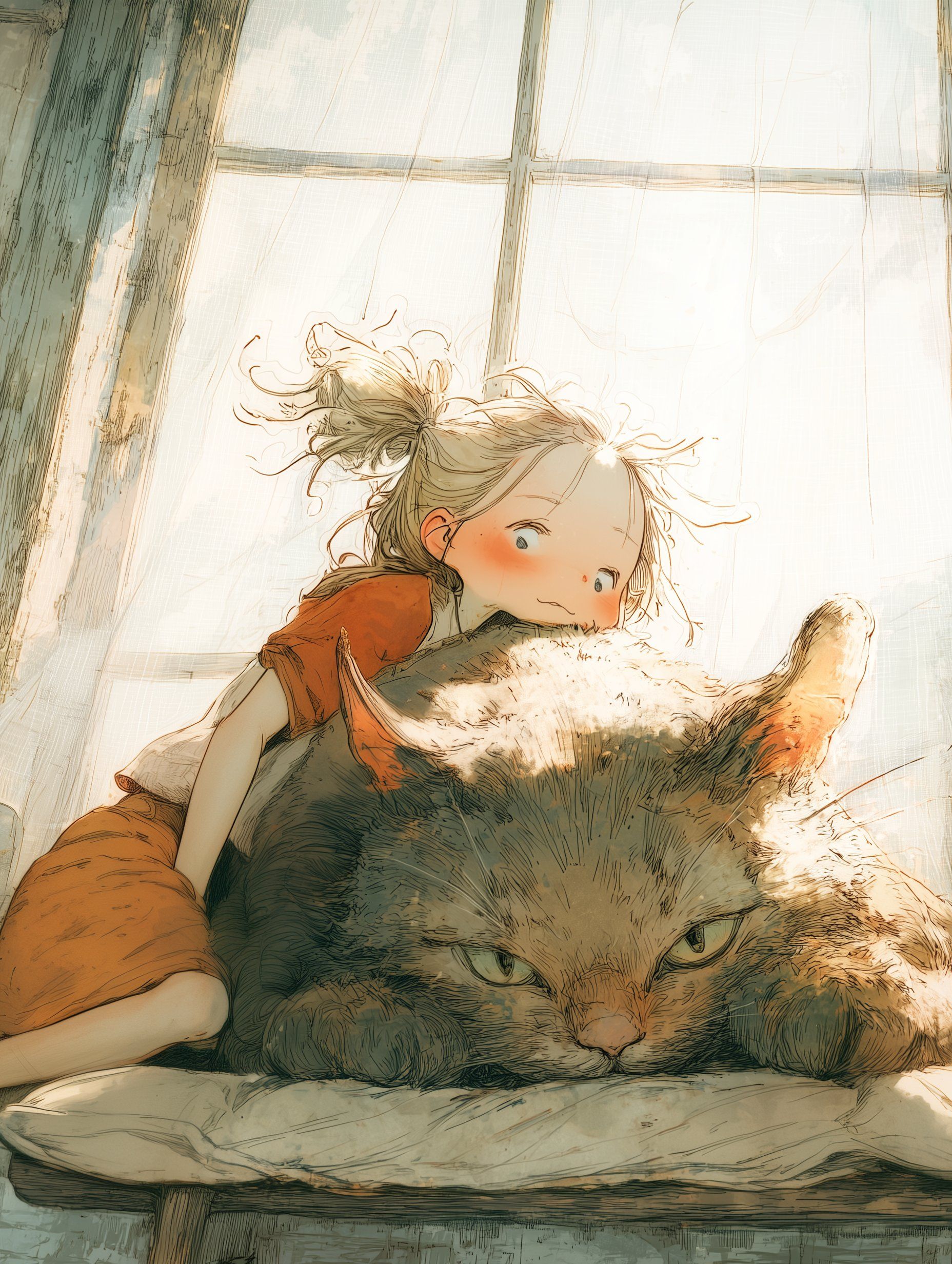 A little girl in orange clothes lies on a giant gray cat basking in warm sunlight